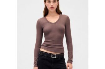 Modern Brown Long Sleeve Sheer Ribbed T-Shirt