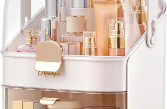 Multi-Function Makeup Organiser with Lid, Dustproof Make up Organiser Portable Skincare Organiser Waterproof Cosmetic Storage Box with 2 Drawers for Bedroom Bathroom Desktop, Pearl White