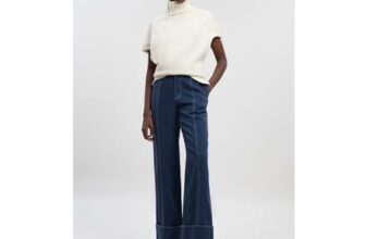 Navy Petite Tencel Cotton Contrast Stitch Woven Straight Leg Trouser