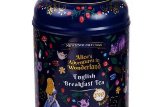 New English Teas Midnight Alice in Wonderland Tea Caddy with 240 Breakfast Teabags, Blue
