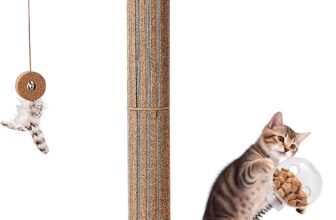 Odoland Cat Scratching Post, Claw Scratcher for Indoor Cats with Rotatable Hanging Toy & Spring Ball, Natural Cork & Cardboard Blend, Heavy Base 65cm Vertical Full Scratcher for Kitten Medium Cats