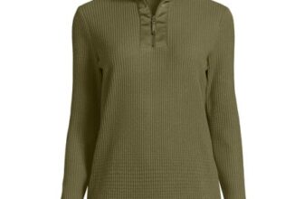Olive Lands End Waffle Knit Sweater with Satin Quarter Zip