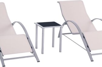 Outsunny 3 Pieces Sun Lounger Chair Set, Metal Frame Outdoor Garden Recliner Chairs with Glass-Top Side Table and Armrests for Patio, Cream White