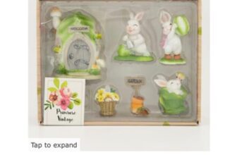 PRIMROSE VINTAGE Green LED Polyresin House & Bunnies Easter Decoration