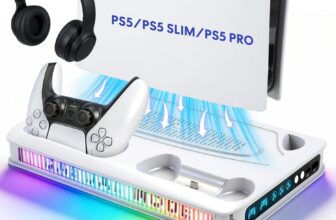 PS5/PS5 Slim/PS5 Pro Stand and Cooling Station & Dual Controller Charging Station for PlayStation 5 Console, PS5 Accessories Console Stand, Controller Charger, Headset Holder, Cooling Fan Stand