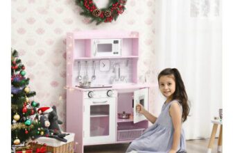 Pink HOMCOM Kids Kitchen Playset: Wooden Kitchen, Water Dispenser, Microwave