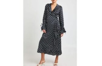 Polka Dot Print Ruffle Wrap Midi Dress