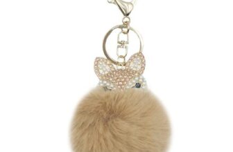 Pom Poms Fluffy Tote Pendant with Fox Head Crystal Rhinestone Keyring