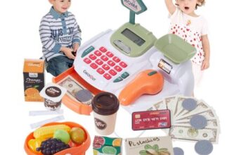 Qivange Kids Cash Register Toy with Scanner and Play Money