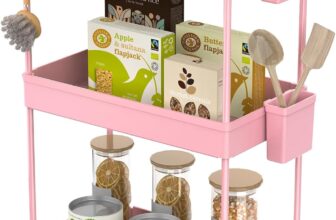 Ronlap Slim Storage Trolley, 3 Tier Rolling Cart Storage Organizer, Utility Rolling Cart with Handle Hanging Cups Dividers for Office Bathroom Kitchen Laundry Room Narrow Places, Pink