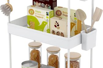 Ronlap Slim Storage Trolley, 3 Tier Rolling Cart Storage Organizer, Utility Rolling Cart with Handle Hanging Cups Dividers for Office Bathroom Kitchen Laundry Room Narrow Places, White