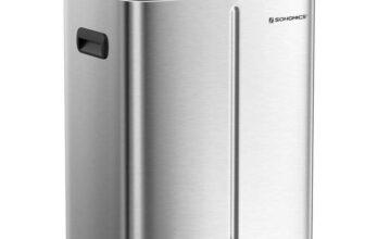 SONGMICS Double Rubbish Bin, 2 x 20L Kitchen Bin, Dual Compartment Metal Step Bin, with Plastic Inner Buckets