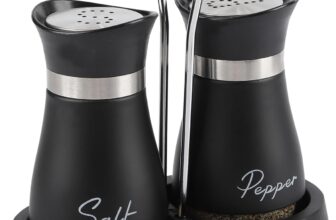 Salt and Pepper Sets,Salt and Pepper Shakers Sets with Holder,Set of 2 Stainless Steel and Glass Bottle Stainless Steel,Salt Shaker Dispenser for Cooking, BBQ (Black)