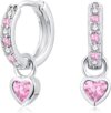 Silver Hoop Earrings for Women, 925 Sterling Silver Heart Drop Earrings for Girls with Green Fuchsia Pink Purple Sapphire Zirconia, 12mm Small Hypoallergenic Sleeper Earrings, Jewelry for Kids
