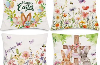 Spring Flower Easter Cushion Covers – Easter Cushion Cover Set of 4, Spring Throw Pillowcase for Sofa Outdoor Home Decoratuon, Floral Cross Rabbit Throw Pillow Cases 45×45 cm