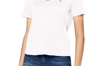 Tommy Jeans Womens Tjw Slim Jersey V Neck T Shirt, White, S UK
