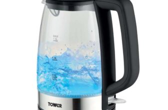 Tower PT10090BLK Illuminating Glass Kettle with Removable Filter, Boil Dry Protection, 1.7L, 2200W, Black & Stainless Steel