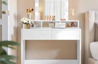 VASAGLE Dressing Table, LED Lights with Adjustable Brightness, Vanity Table with Mirror, 2 Drawers and 3 Compartments, Makeup Table, Modern, White RDT194T14