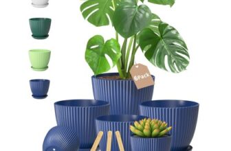 VASZOLA Blue Plastic Plant Pots with Drainage Saucer Set 6