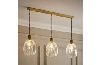 ValueLights Cheltenham Gold 3 Drop Bar Ceiling Light Ribbed Shades