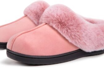 VeraCosy Womens Classic Suede Memory Foam Slippers Anti-Skid Scuff with Warm Faux Fur Collar
