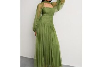 Warehouse Bow Detail Gathered Tulle Maxi Dress with Open Neck