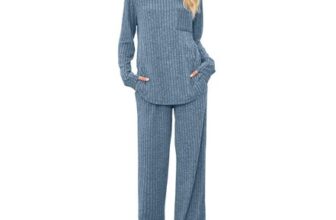 Womens Ribbed Knit Two-Piece Lounge Set, Long Sleeve, Blue XL