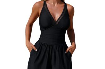 Womens V-Neck Wrap Swimsuit with Integrated Shorts, Pockets, Soft Skirt