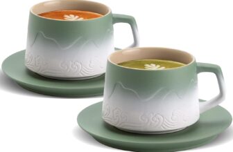 ZENS Cappuccino Cups and Saucers Set of 2, 240 ml Gradient Ceramic Cappuccino Mug for Au Lait, Moss Green Artistic Embossed Cappuccino Coffee Cups for Latte Art, Cafe Mocha or Tea, Baristas Gifts