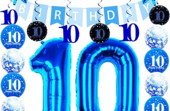 10th Birthday Decorations for Boys Girls,32 Inch Number 10 Foil Balloons with Swirl Decorations Happy Birthday Banner and Star Foil Balloons 10PCS Confetii and Latex Balloon Blue