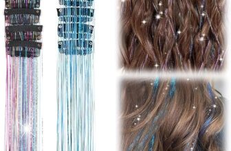 12 Pcs 20 Inch Clip-in Hair Tinsel Pack, Sky Blue & Rainbow Glitter Strands with Easy Snap Clips, Heat-Resistant Fairy Hair Extensions for Women Girls Party & Festival Dazzle Accessories