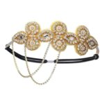 1920s Flapper Headband with Gold Flower Rhinestone Tassels and Pearls