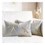 2-Pack Velvet Cushion Covers 12×20 Grey Gold Geometric Lines