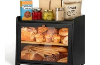 2-Tier Bamboo Bread Box with Glass Window (Black)