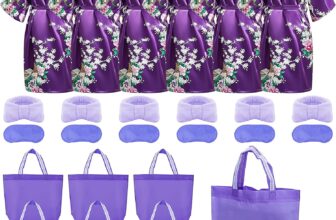 24 Pcs Party Supplies for Girls Purple Spa Robes Set with Headbands Masks and Tote Bags for Birthday or Spa Theme Party Favour