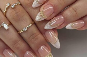 24Pcs Almond Press on Nails, White Pearl French Tip False Nails with 3D Gold Bow & Swirls, Medium Nude Stick on Nails for Women, Elegant Ballerina Acrylic Glue on Nails for Wedding Party Manicure