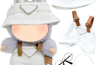 3 Pcs Doll Clothes for 17cm Plush Dolls, Include 1 Leggings 1 Fisherman Hat 1 Coffee Cup Pendant 1 Glasses for Dolls Premium Outfit, Birthday Present for Adults KidsNo DollWhite