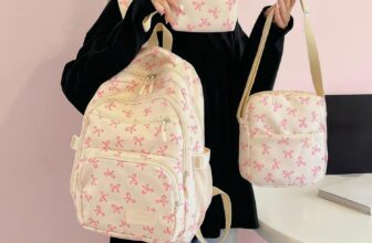 3-Piece Artistic Bow Backpack Set – Large Capacity Casual Travel Bag with Lunch Box and Case – Korean Style Daypack, Pink, L, Multi-functional