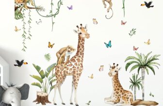 3 Piece Set Spring Forest Animals Wall Stickers, Leopard Giraffe Monkey Peel and Stick Animal Wall Art Decals for Baby Nursery, Kids Bedroom, Living Room