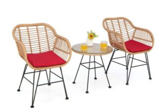 3 Pieces Patio Bistro Set Outdoor PE Rattan Armchairs w/Tempered Glass Table