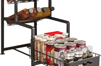 3 Tier Free Standing Spice Rack, Multi-functional Adjustable Kitchen Supplies Organizer, Black Metal Pull Out Seasoning Rack with Non-Slip Base for Kitchken Cupboard Cabinet Countertop