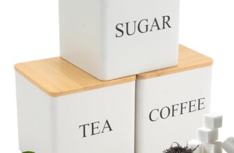 3PCS Tea Sugar Coffee Canister Set, 500ml Kitchen Tins with Airtight Bamboo Lids, Stackable Storage Jar Suitable for Coffee Beans, Tea, Sugar, Flavourings, Cereals, Snacks