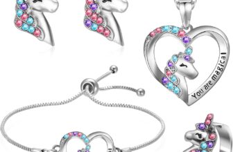 4 PCS Girls Jewelry Set Unicorn Mermaid Necklace Bracelet Set and Earrings Ring with Present Box Jewelry Favors Set Birthday Gift for Little Girl Daughter Granddaughter Niece (FBWOY6163)