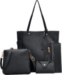4Pcs PU Crossbody Bags Set Pattern Shoulder Bags for Women, Multi-Functional Purse with Card Holder and Clutch, Black, 25268cm