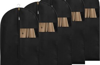 5 Pieces Suit Garment Bags, 100x60cm Foldable Garment Covers for Clothes, Washable Clear Lightweight Coat Covers Protector Bags for Suits, Dresses, Coats, Shirts, Evening Dresses, Storage, Black