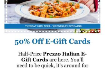50% off Prezzo eGift Cards – e.g. £10 for £5 – Valid for Dine-In Only – Must be Redeemed by 30Jun26