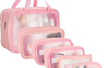 6 PCS Clear Toiletry Bag Set, Waterproof Plastic Cosmetic Makeup Bags, Travel Business Vacation Bathroom Organizer for Men Women (Pink)