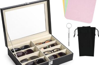 8 Slot Leather Eyeglass Sunglass Storage Box, Sunglasses Organizer with Clear Glass Display, Sunglasses Storage Box with Drawstring Pouch Cleaning Cloth Screwdriverfor Women and Men(Black)