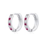 925 Sterling Silver Hoop Earrings, Small Sleeper Huggie, Fuchsia Zirconia
