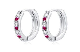 925 Sterling Silver Hoop Earrings, Small Sleeper Huggie, Fuchsia Zirconia
